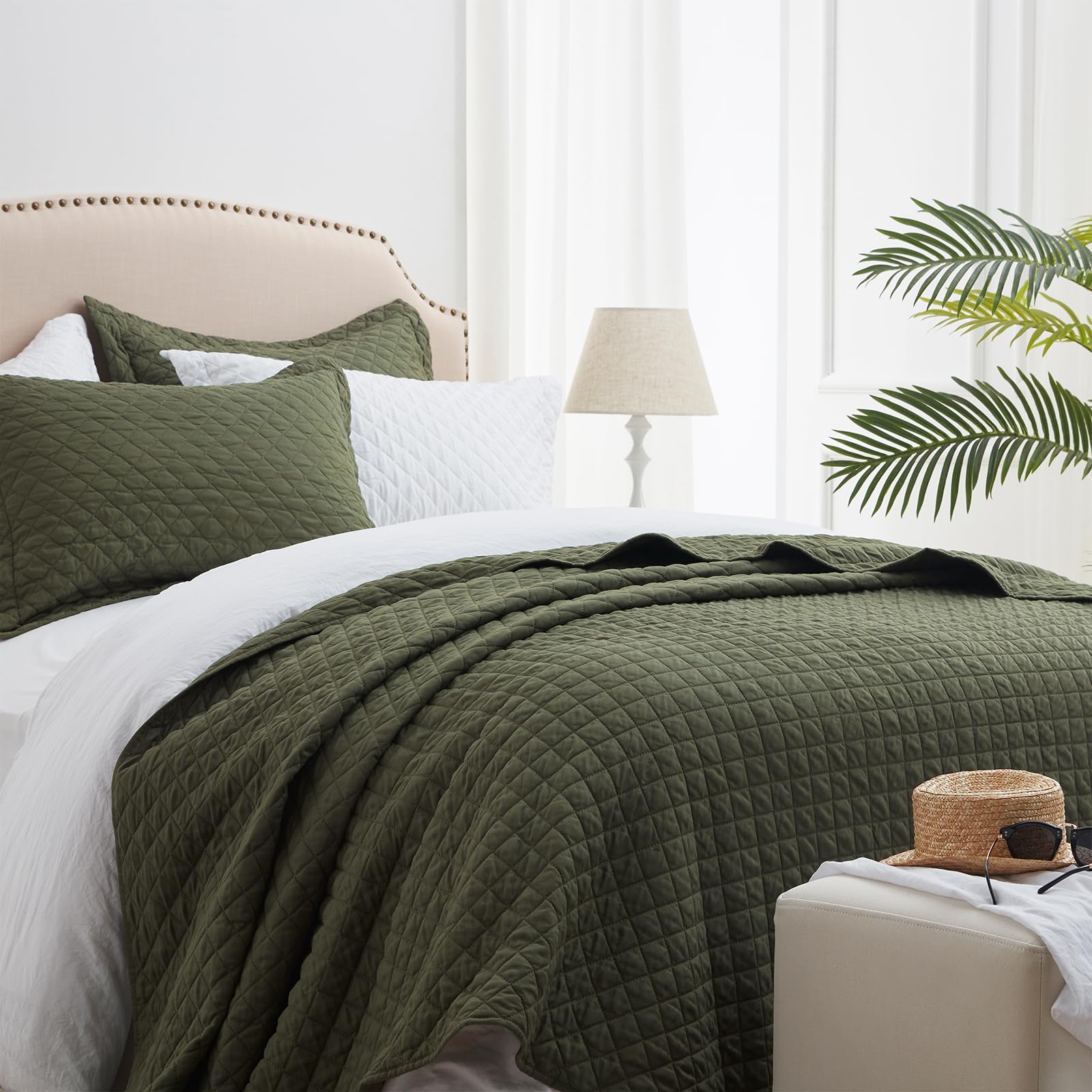 Sunstyle Home Olive Green Quilt Set Queen Lightweight Bedspread Full Soft Reversible Coverlet For All Season 3Pcs Army Green Dia